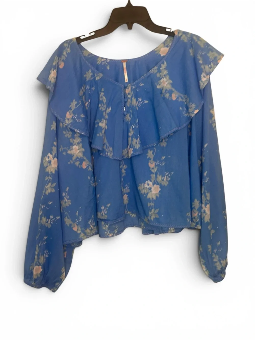 Free People Sky Blue Floral Ruffle Peasant Top - Picture 3 of 9